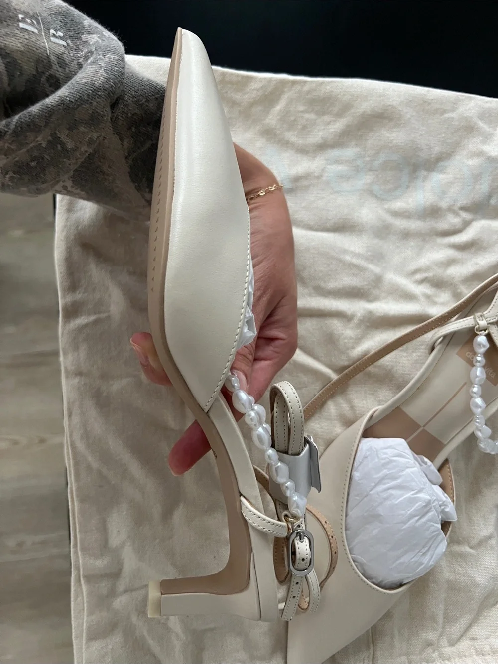 Dolce Vita Cream Pointed Pearl-Embellished Slingback Flats
